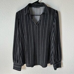 Adrianna Papell Black, White  Fitted Blouse with Notched Collar, Business Casual